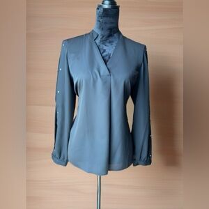 Black Open Slit Long Sleeve Blouse with Silver Detail by Jennifer Lopez